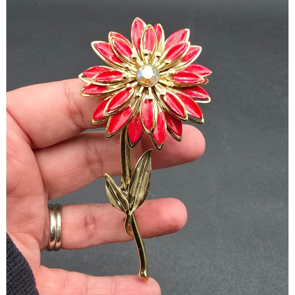 Vintage CORO Red Enameled Flower Brooch Gold tone 4 inch